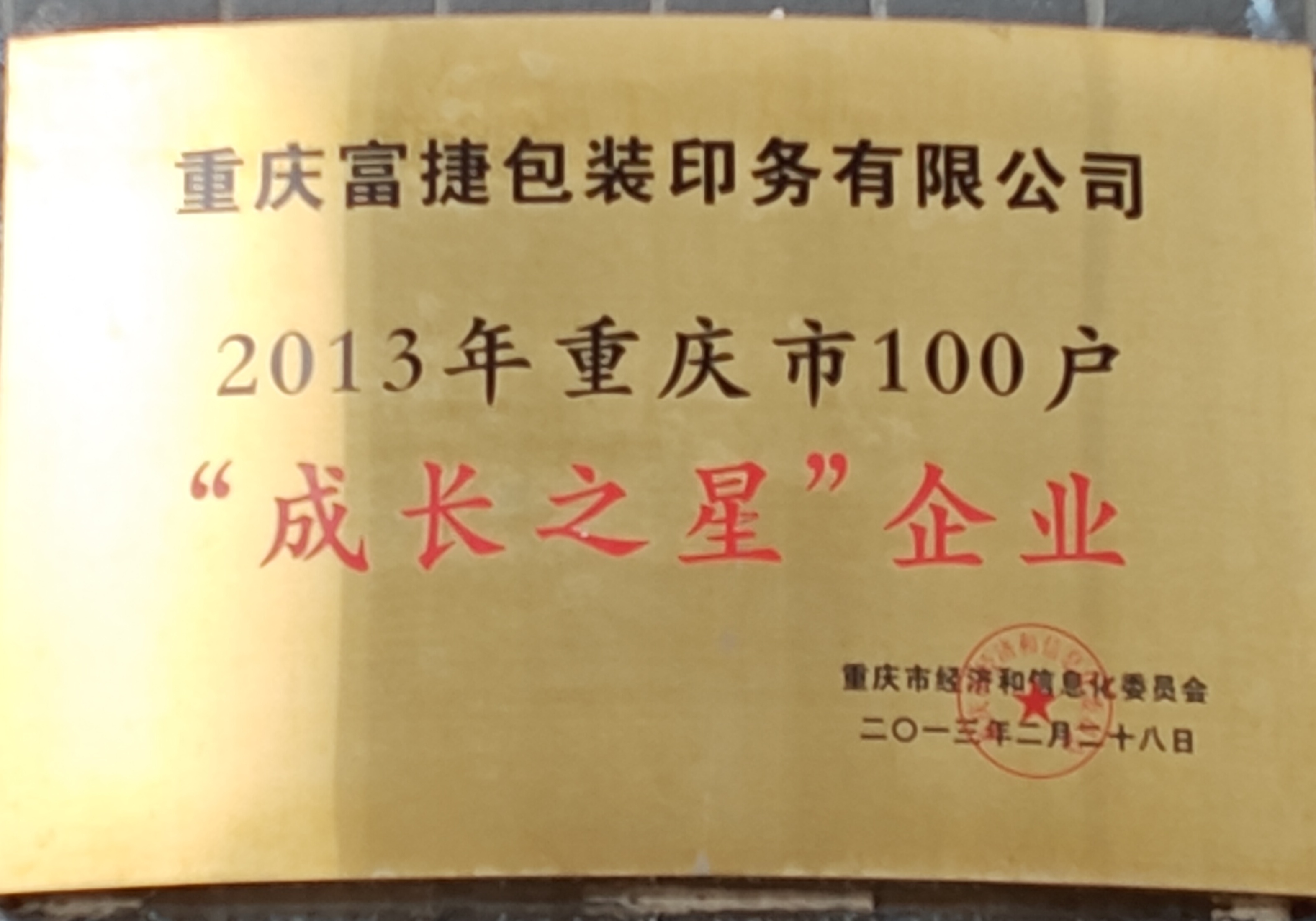 2013年重庆市100户“成长之星”企业